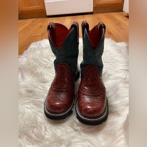 ARIAT Fatbaby ostrich leather uppers reddish brown dark teal boot